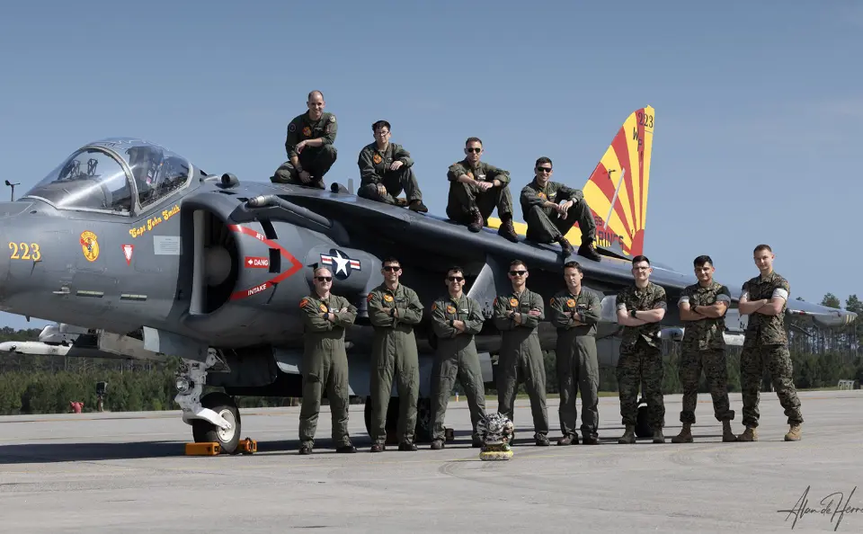 Twelve officers from the VMA-223 pose on and in front of a harrier jet parked on a runway under a clear sky.